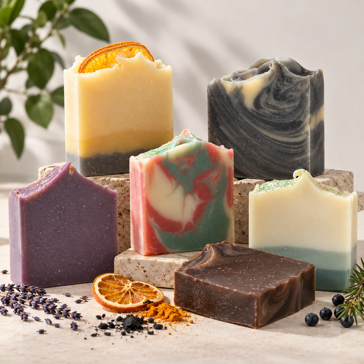Colorful assortment of handcrafted artisanal soaps with swirls, layers, dried citrus, and botanical accents arranged on natural stone.
