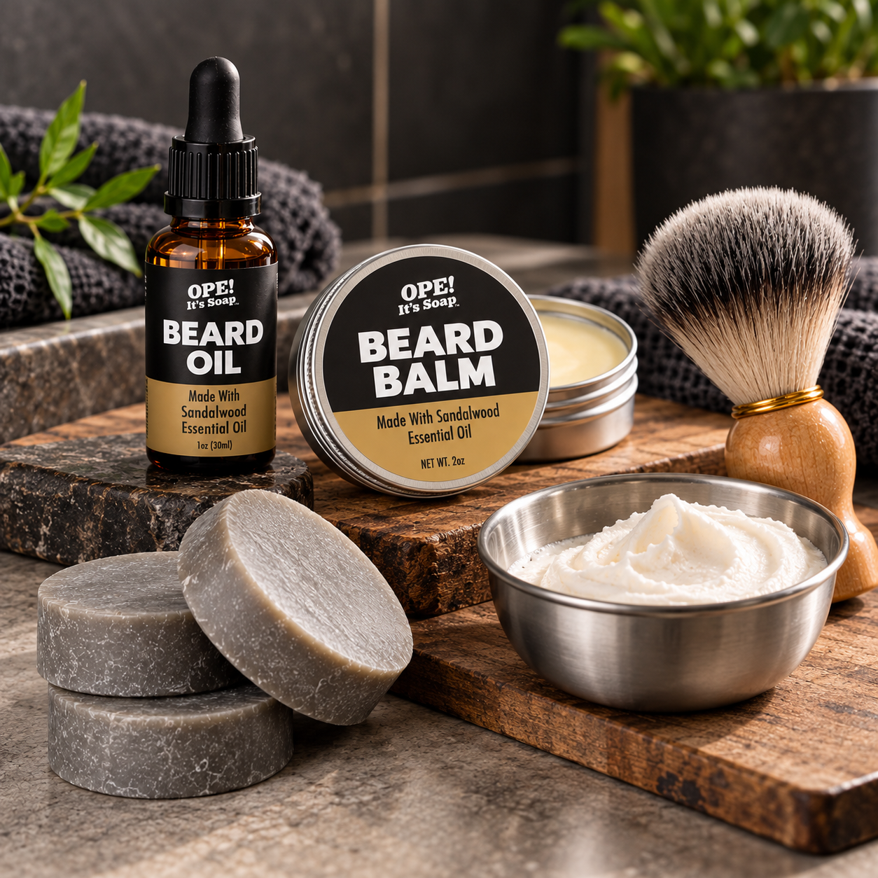 Ope! It’s Soap beard and hair care collection featuring beard oil, beard balm, shampoo bars, shave soap and a shaving brush in a modern masculine setting.
