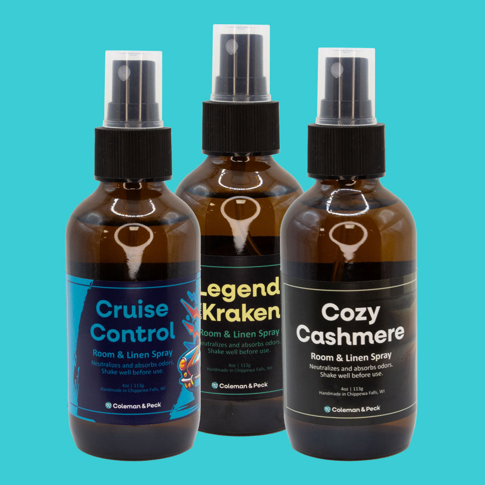 Group of three Room & Linen sprays, including Cruise Control, Legend of the Kraken, and Cozy Cashmere.