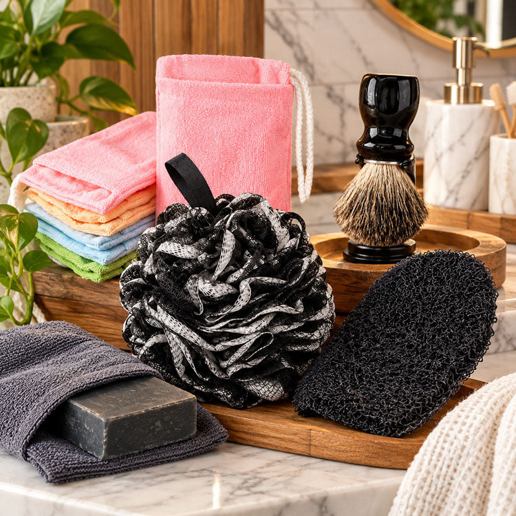 Modern bathroom display featuring a black and white loofah, colorful microfiber soap bags, charcoal exfoliating soap pad, and shaving brush with holder, arranged on natural wood trays and a white marble countertop with greenery and soft lighting.