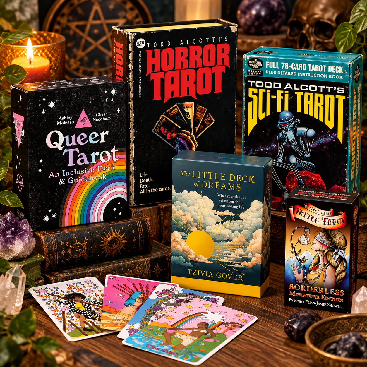 Five tarot decks including Horror Tarot Sci Fi Tarot Queer Tarot Little Deck of Dreams and miniature Tattoo Tarot displayed with colorful cards candles crystals and antique books on a rustic wooden table