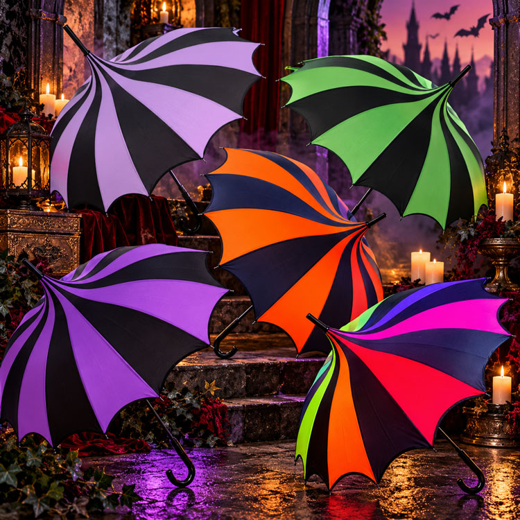 Five colorful bat wing umbrellas in purple, green, orange, and rainbow designs displayed on stone steps in a gothic castle setting with glowing candles, ivy, and dramatic lighting.