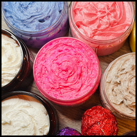 A colorful collection of jarred whipped soap.