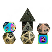 Set of metallic dice with rainbow and bronze finishes on a white background