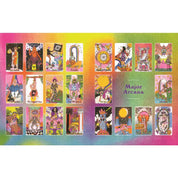 A colorful card deck display featuring the Major Arcana tarot cards arranged in rows against a rainbow gradient background. The cards are highly detailed with psychedelic, retro-style illustrations, and the text 'Major Arcana' is printed on the right side.