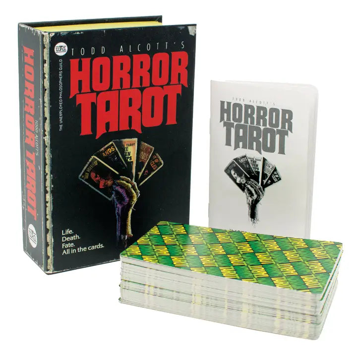 Horror Tarot card set with black and white box and green and yellow cards.
