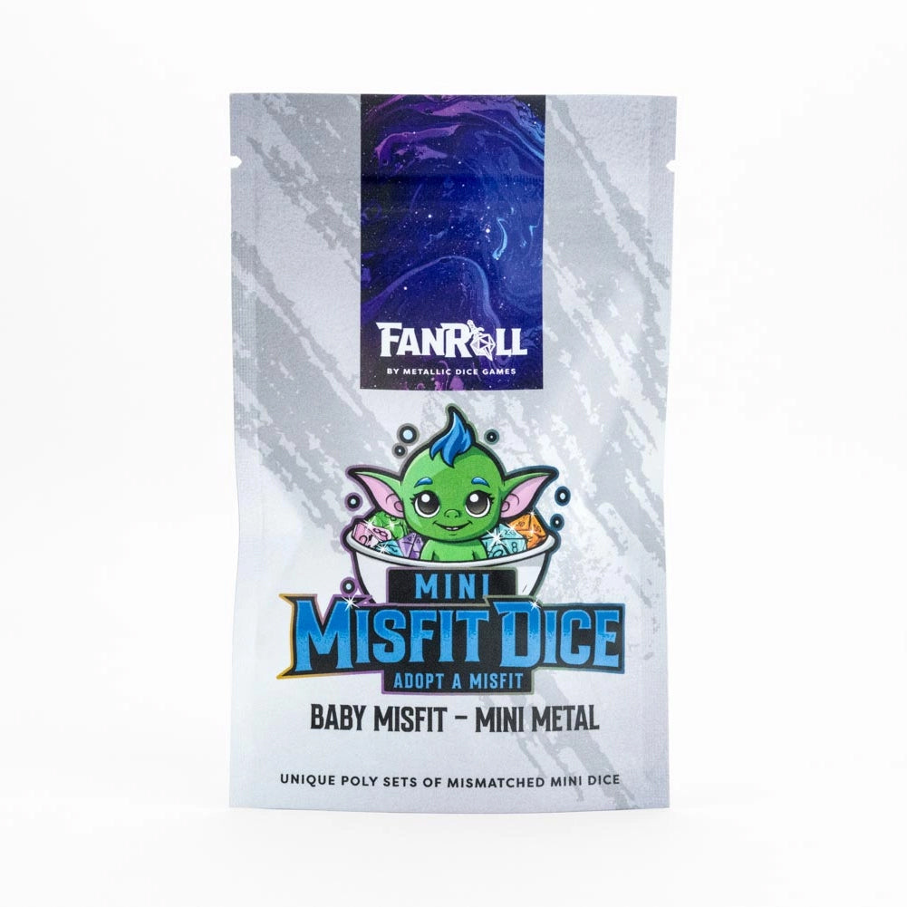 Packaging of Fanroll Mini Misfit Dice with a cartoon character on a white background