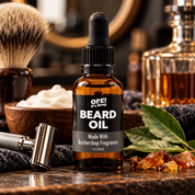 Amber glass Barbershop Beard Oil bottle surrounded by classic shaving accessories, bay leaves, warm amber accents, and rich wood tones in a vintage barbershop setting.