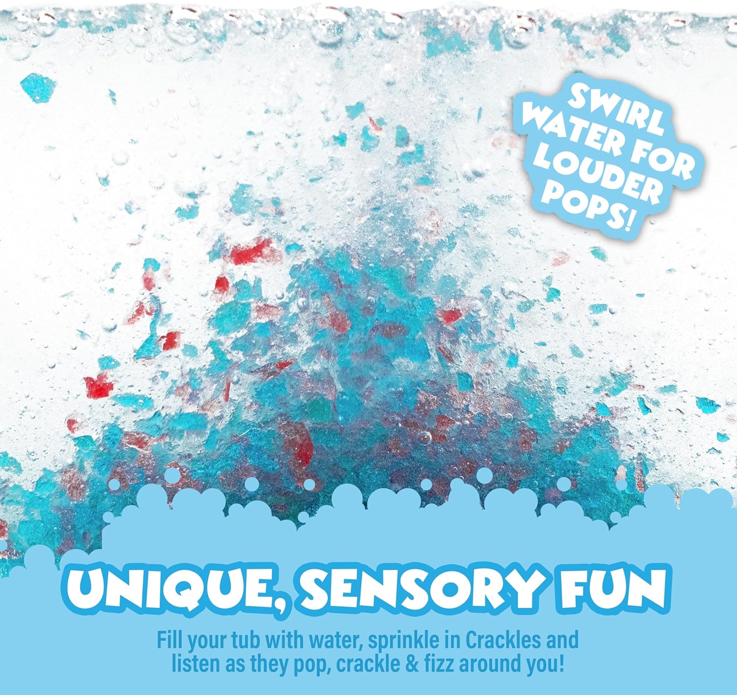 Blue and red Bath Crackles crystals fizz and bubble underwater. Text highlights sensory fun and encourages swirling the water for louder pops, crackles and fizzing during bath time.