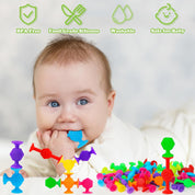 Baby holding a blue textured suction cup toy in their mouth, surrounded by colorful silicone suction toys. Icons highlight BPA-free, food-grade silicone, washable materials and baby safety claims.