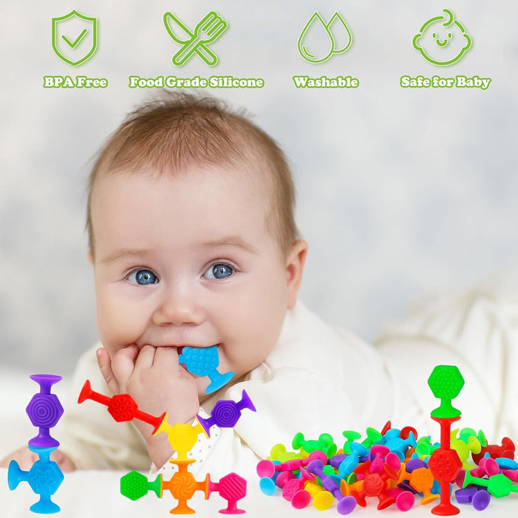 Baby holding a blue textured suction cup toy in their mouth, surrounded by colorful silicone suction toys. Icons highlight BPA-free, food-grade silicone, washable materials and baby safety claims.