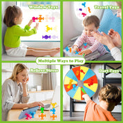Four-panel collage showing colorful suction cup toys used for window play, airplane travel, tabletop play and a dart-style target game, demonstrating multiple ways to play.