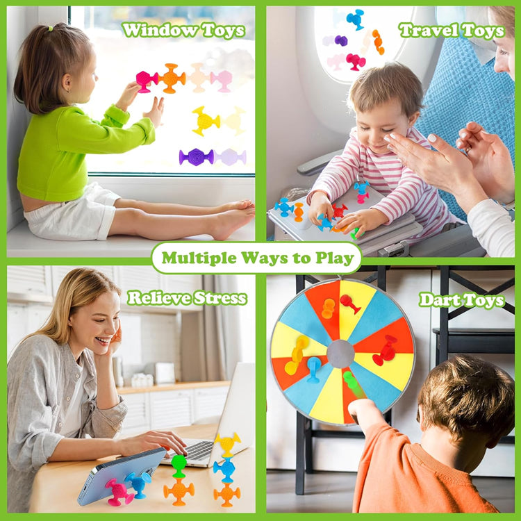 Four-panel collage showing colorful suction cup toys used for window play, airplane travel, tabletop play and a dart-style target game, demonstrating multiple ways to play.