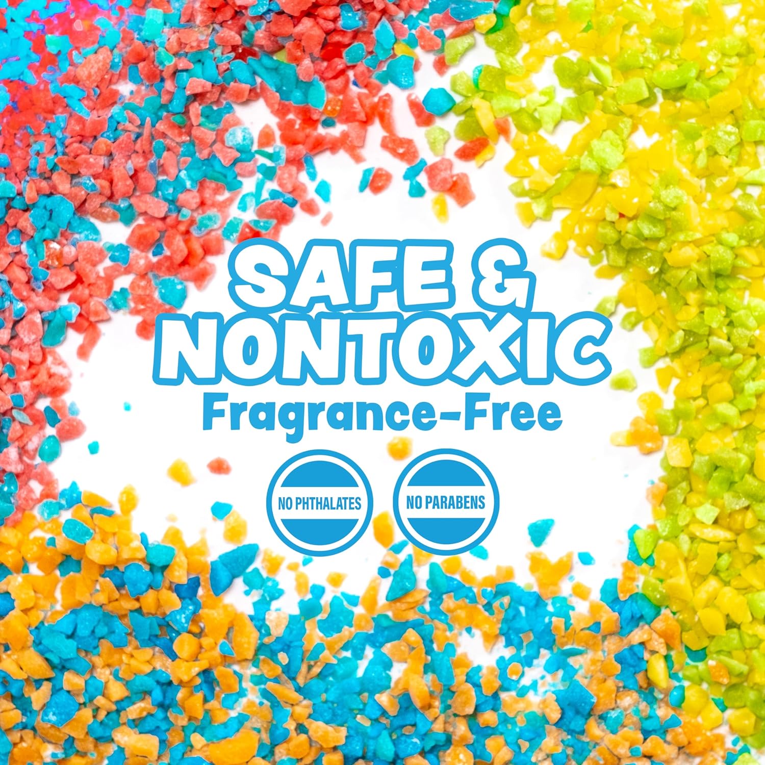 Colorful Bath Crackles crystals in blue, red, green, yellow and orange surround text reading “Safe & Nontoxic, Fragrance-Free,” with icons highlighting no phthalates and no parabens.