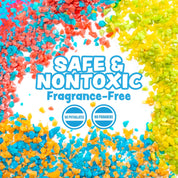 Colorful Bath Crackles crystals in blue, red, green, yellow and orange surround text reading “Safe & Nontoxic, Fragrance-Free,” with icons highlighting no phthalates and no parabens.