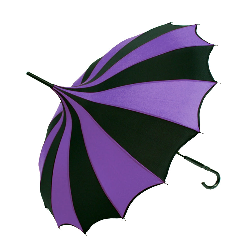 A closed umbrella with alternating purple and black ribs, shown open against a plain white background.