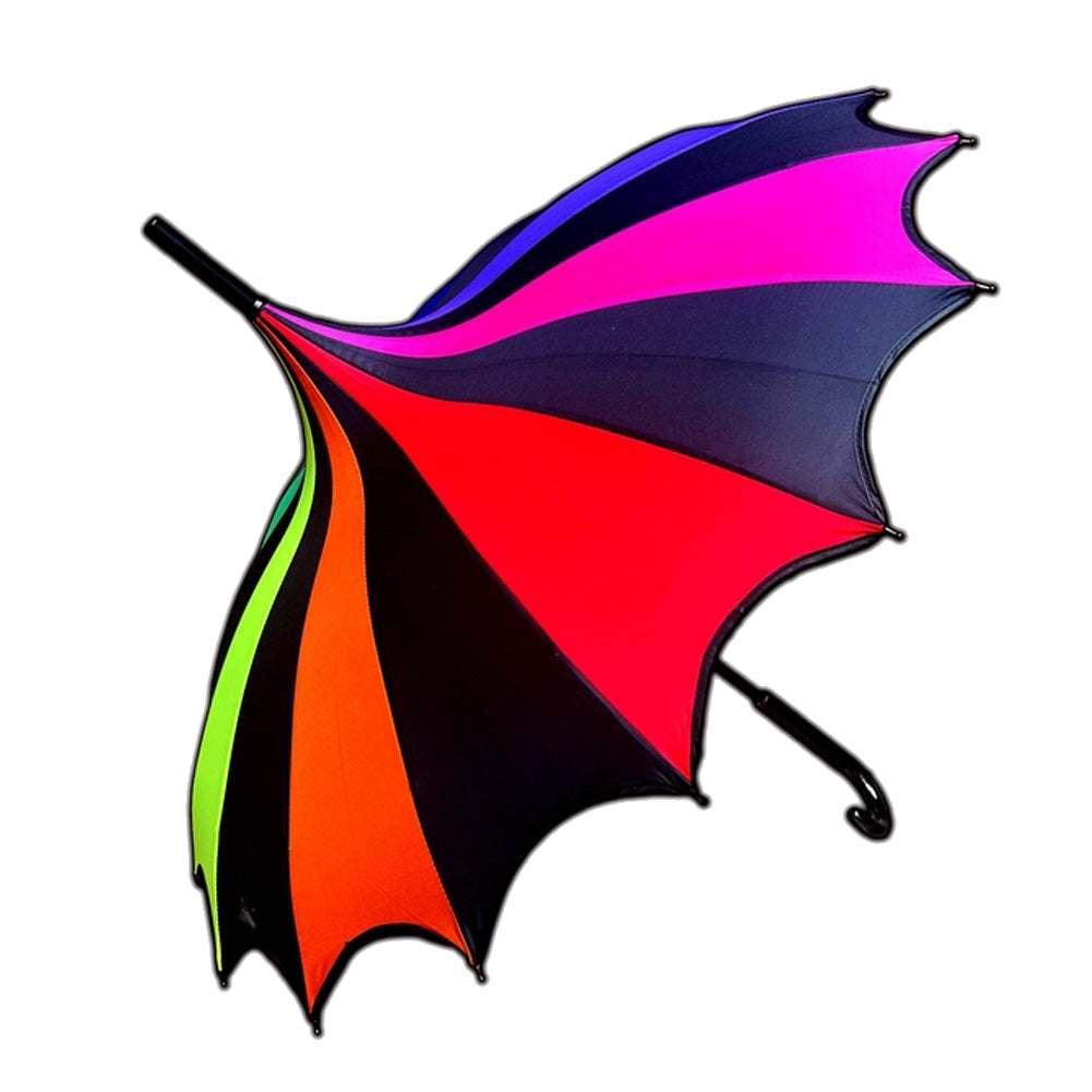 A wing-shaped umbrella with alternating black and rainbow-colored panels, including pink, purple, blue, red, orange, and green, on a black handle against a white background.