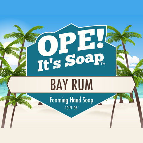 Tropical beach scene with Bay Rum soap label graphic
