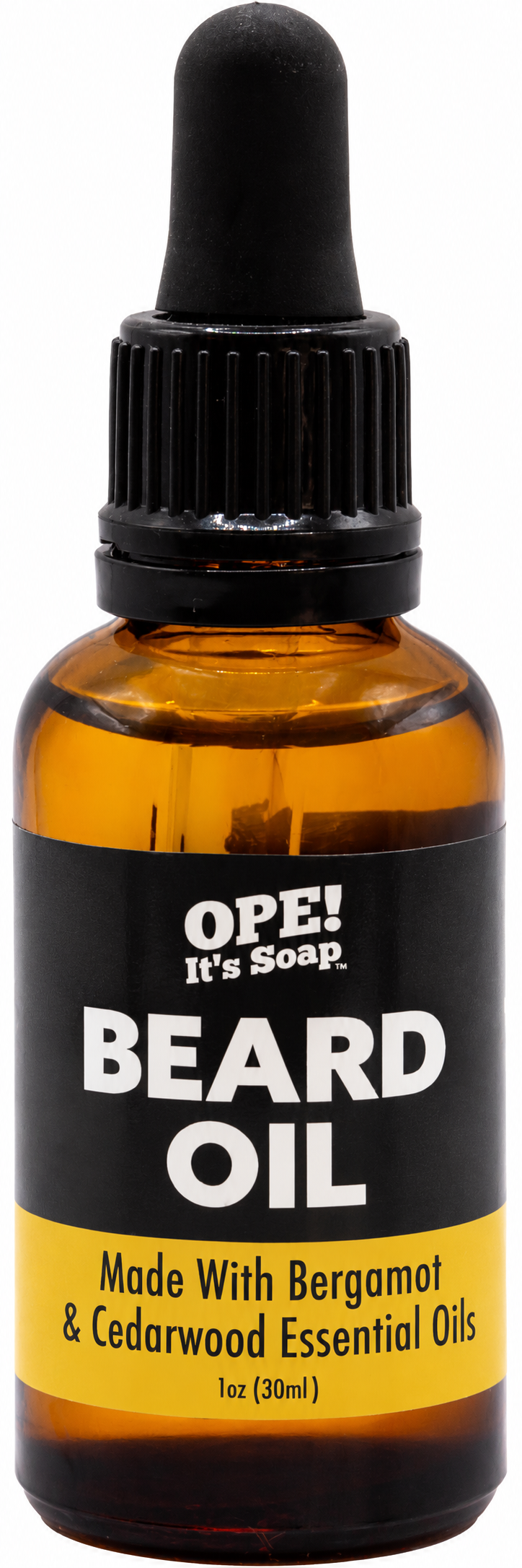 Amber glass Bergamot & Cedarwood Essential Oils Beard Oil bottle with black dropper and a black and yellow Ope! It’s Soap label.