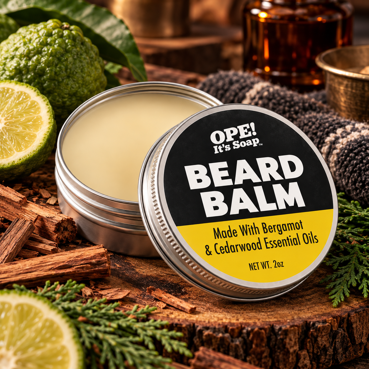 Open tin of Bergamot & Cedarwood Beard Balm surrounded by bergamot citrus, cedarwood pieces, evergreen sprigs, and rustic wood in a warm, masculine setting.