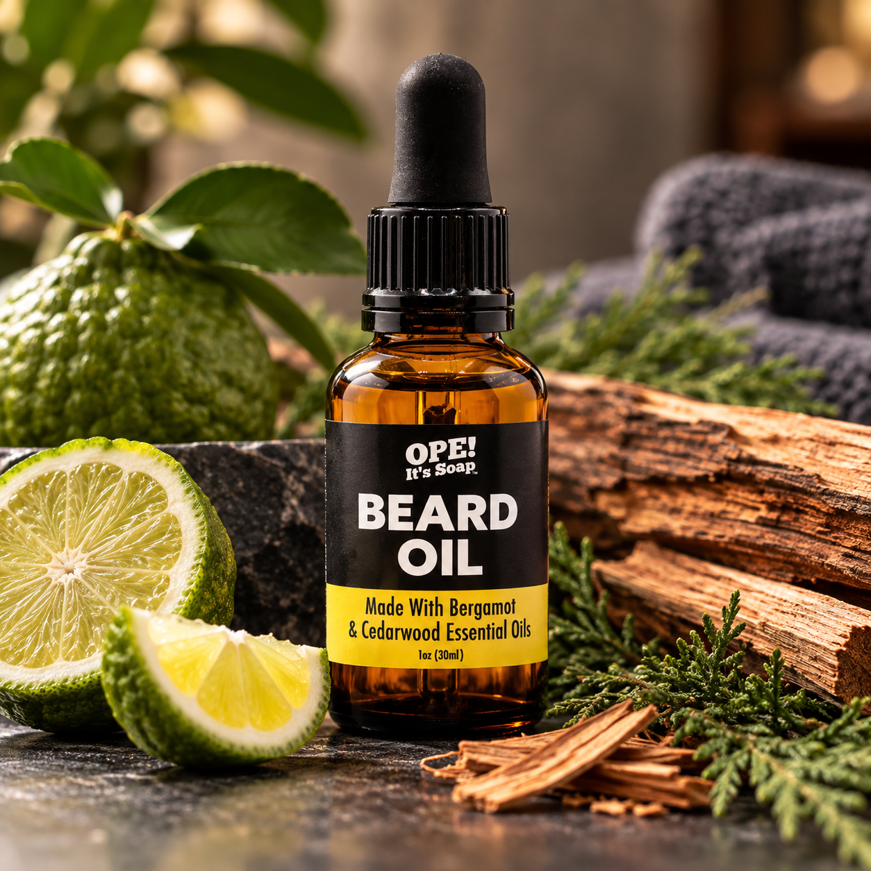 Amber glass Bergamot & Cedarwood Essential Oils Beard Oil bottle surrounded by fresh bergamot, cedarwood, and greenery in a warm, masculine setting.