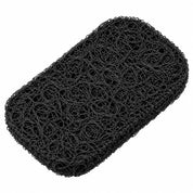 Single black rectangular soap saver pad with rounded corners and a thick, loosely woven, loofah-like texture, shown diagonally against a clean white background.