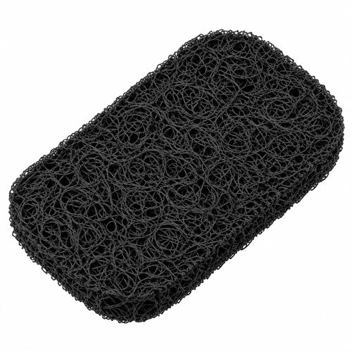 Single black rectangular soap saver pad with rounded corners and a thick, loosely woven, loofah-like texture, shown diagonally against a clean white background.