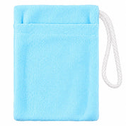 A light blue microfiber cleaning cloth pouch with a white braided loop handle, shown on a plain white background.