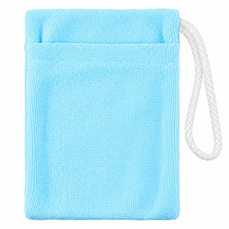 A light blue microfiber cleaning cloth pouch with a white braided loop handle, shown on a plain white background.