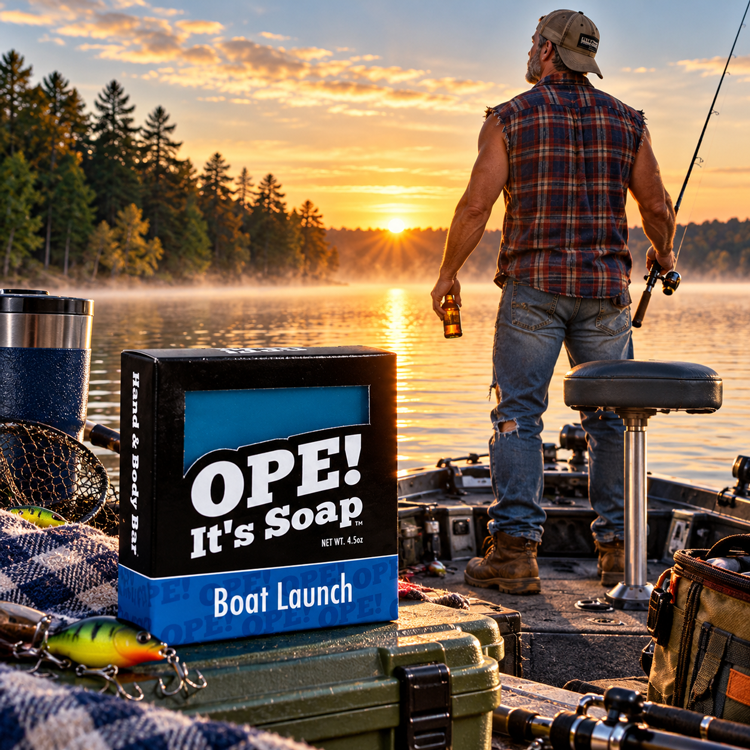 Ope! It’s Soap Boat Launch soap box displayed on a fishing boat as a flannel wearing man stands with a fishing rod and cold beer, peacefully watching the sunrise over a misty Wisconsin lake.