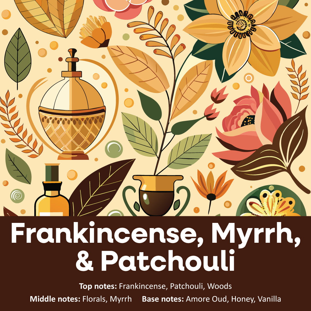 Boho style vector image in earthtones showing leaves, flowers, perfume bottles and graphic elements. Title is Frankincense, Myrrh, & Patchouli.