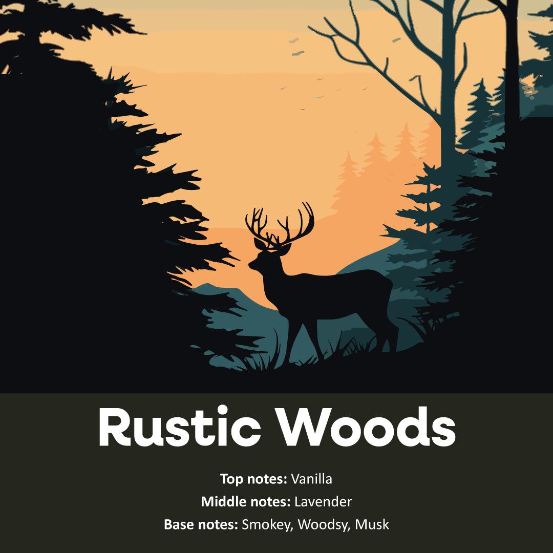 Vector image of buck deer in forest at dusk. Title is Rustic Woods.