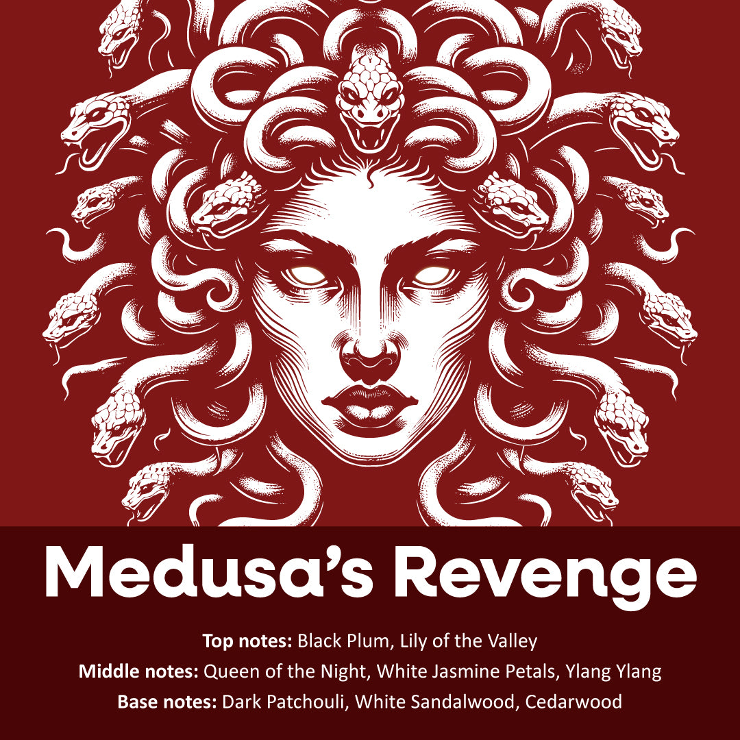 Vector image of Medusa on red background. Title is Medusa's Revenge.