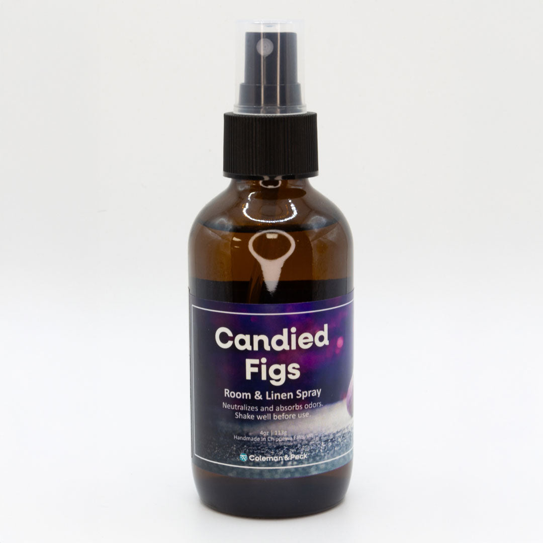 Front view of Candied Figs room & linen spray bottle. A single bottle is shown.