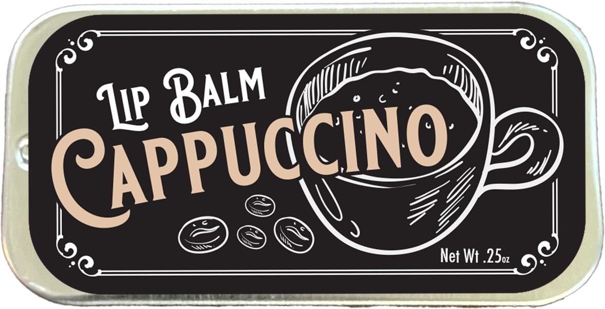 Top view of lip balm in vintage-style label of black and gold, with the words Lip Balm, Cappuccino, Net Wt. .25oz.