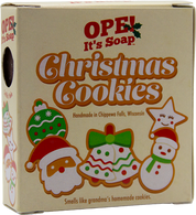 Ope! It’s Soap Christmas Cookies soap box featuring festive cookie illustrations of Santa, a decorated Christmas tree, ornament, star, and snowman, with the tagline “Smells like grandma’s homemade cookies.”
