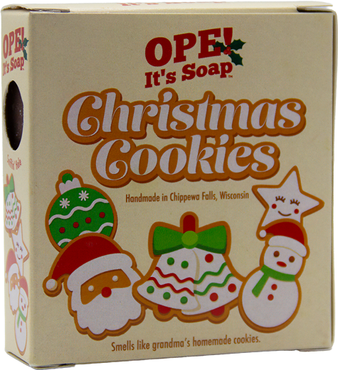 Ope! It’s Soap Christmas Cookies soap box featuring festive cookie illustrations of Santa, a decorated Christmas tree, ornament, star, and snowman, with the tagline “Smells like grandma’s homemade cookies.”