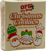 Ope! It’s Soap Christmas Cookies soap box featuring festive Santa, Christmas tree, ornament, snowman, and star shaped cookies, with the tagline “Smells like grandma’s homemade cookies.”