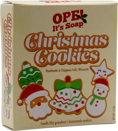 Ope! It’s Soap Christmas Cookies soap box featuring festive Santa, Christmas tree, ornament, snowman, and star shaped cookies, with the tagline “Smells like grandma’s homemade cookies.”
