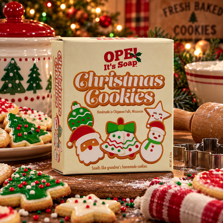 Ope! It’s Soap Christmas Cookies soap box displayed in a cozy holiday baking scene surrounded by frosted Christmas cookies, sprinkles, baking tools, evergreen branches, and warm glowing Christmas lights.