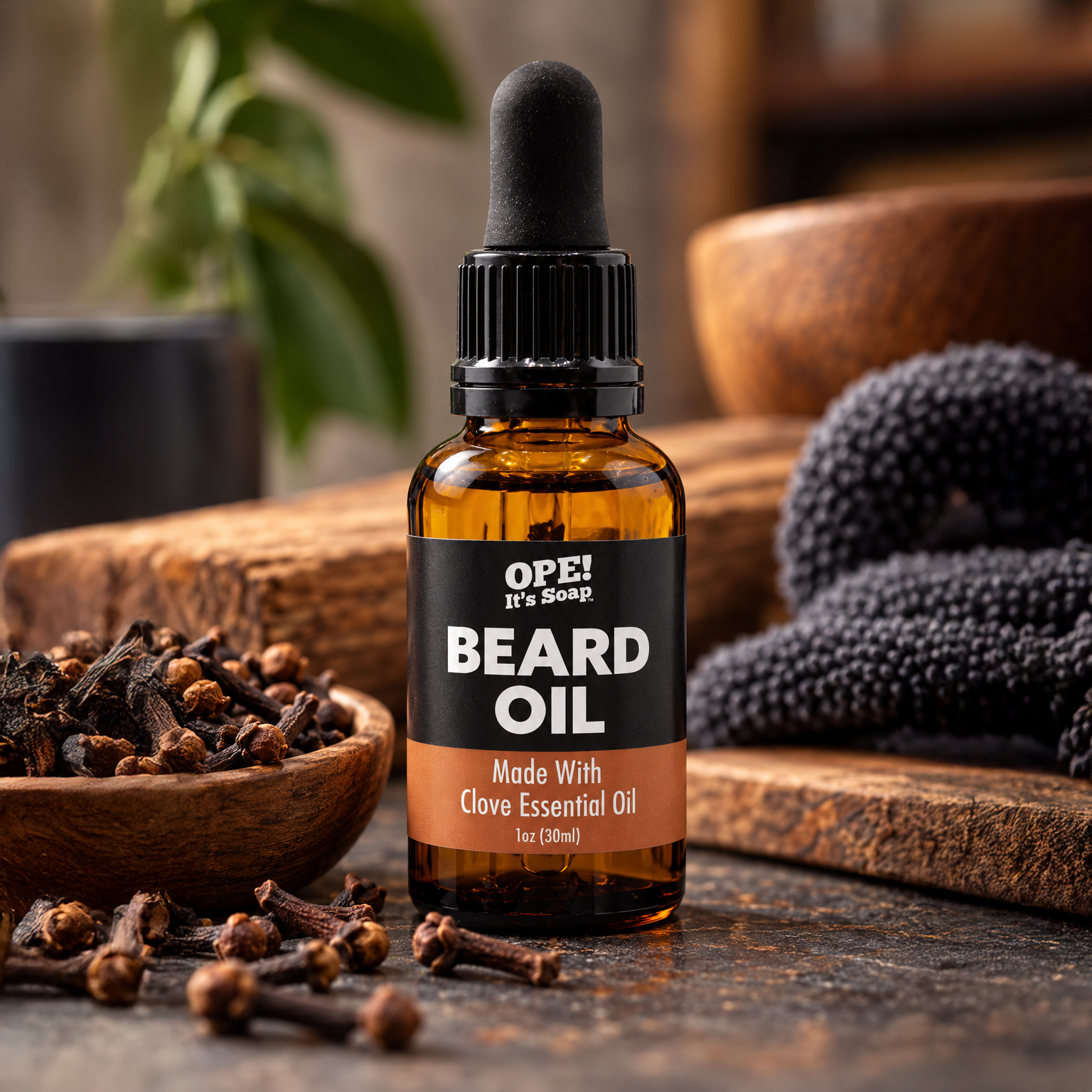 Amber glass Clove Essential Oil Beard Oil bottle with black dropper, surrounded by whole cloves, warm wood, greenery, and a charcoal towel in a rustic masculine setting.