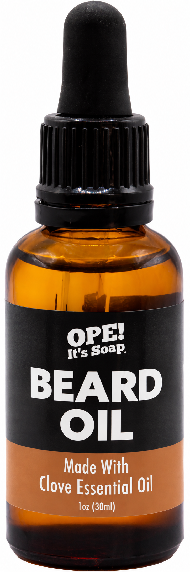 Amber glass Clove Essential Oil Beard Oil bottle with black dropper and a black and warm brown Ope! It’s Soap label.
