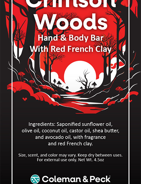 Crimson Woods soap ingredient card, featuring a vector drawing of a red and black mysterious forest.