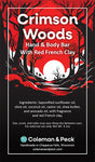 Crimson Woods soap ingredient card, featuring a vector drawing of a red and black mysterious forest.