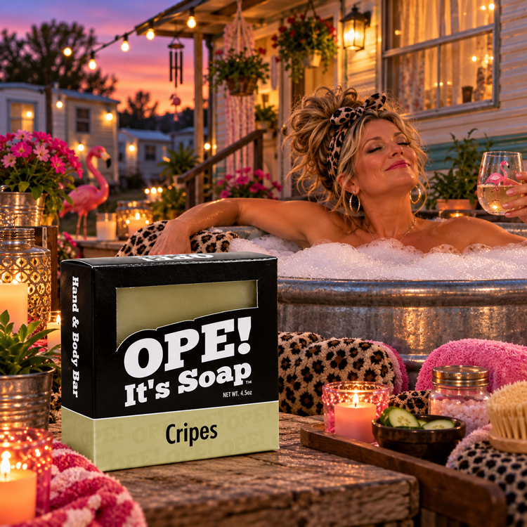 Ope! It’s Soap Cripes soap box displayed at a homemade trailer court spa as a glamorous woman relaxes in a bubbly stock tank surrounded by candles, string lights, flamingo décor, and playful spa accessories.