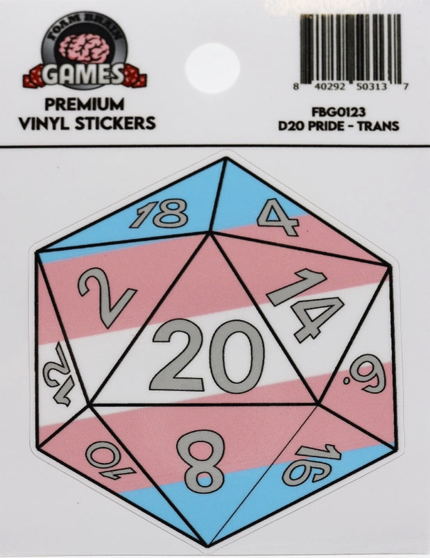 Foam Brain Games D20 Transgender Pride vinyl sticker featuring a 20-sided gaming die with black outlines, gray numbers, and light blue, pink, and white stripes representing the transgender pride flag.