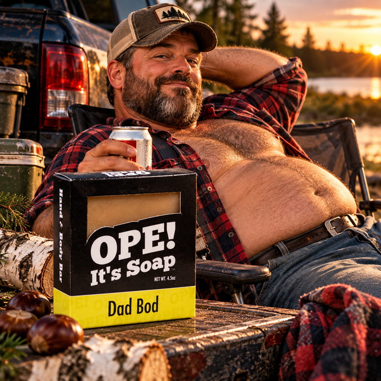 Ope! It’s Soap Dad Bod soap box displayed with a confident, pot bellied man in an open flannel shirt and worn baseball cap relaxing by a pickup truck, surrounded by chestnuts and birch wood at sunset.