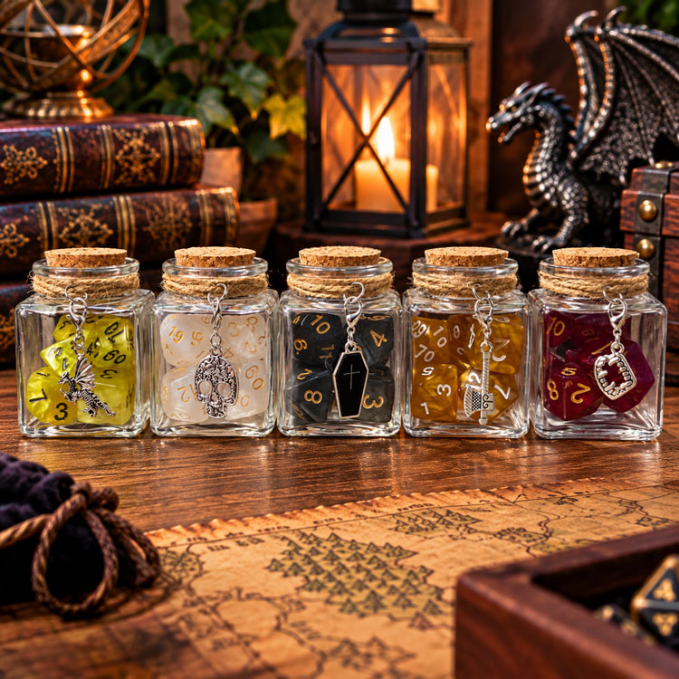 Five glass spell jars filled with colorful polyhedral gaming dice and silver charms, displayed on a wooden table with a fantasy map, antique books, glowing lantern, and dragon figurine in a cozy tabletop RPG setting.