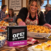 Ope! It’s Soap Dontcha Know soap box displayed at a cozy Midwestern potluck as a smiling woman sets her homemade tater tot hotdish on a table filled with classic comfort foods.