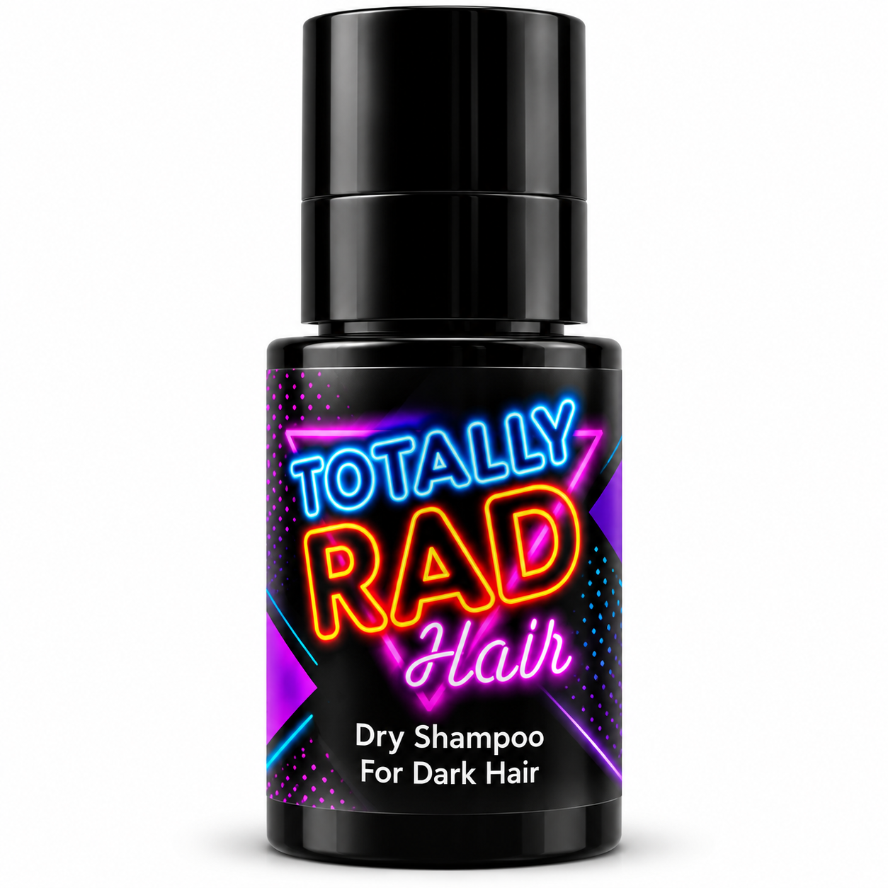 A black cylindrical bottle of Totally Rad Hair Dry Shampoo for dark hair, featuring a vibrant neon-style label with purple, blue, and orange text on a white background.